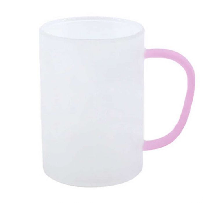 10oz. Frosted Glass Sublimation Mug with Pink Handle