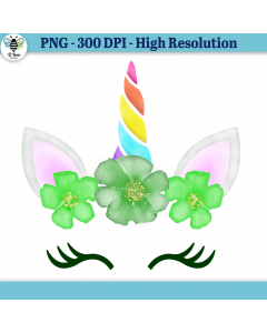 Unicorn PNG with Rainbow Horn and Green Flowers