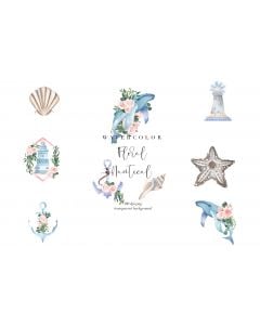 Nautical Floral Watercolor Clipart, Summer Transparent PNG