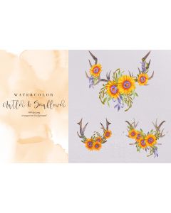 3 Watercolor Antlers & Sunflowers Sublimation, Summer