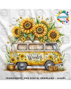 PNG - Vintage Yellow Camper with Sunflowers