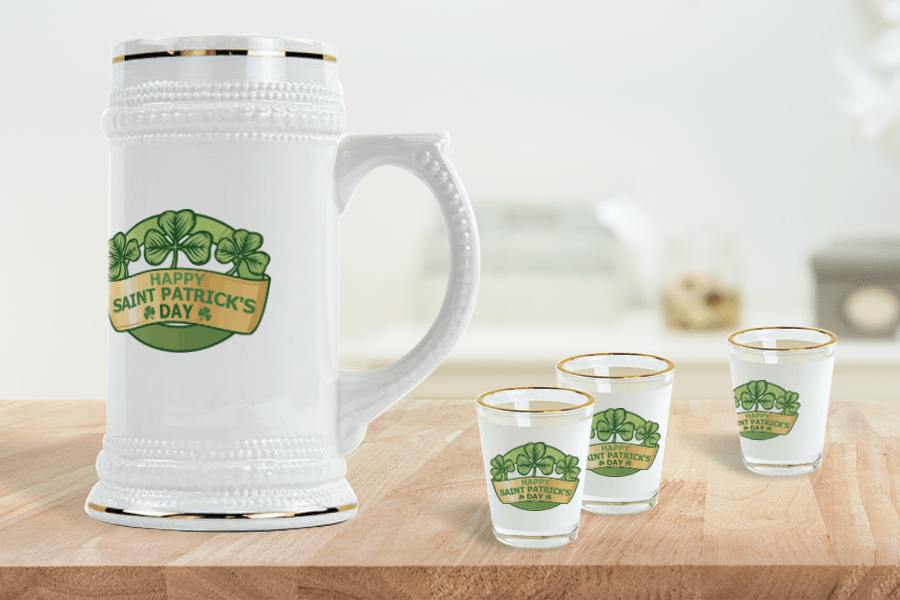 Beer Steins and Shot Glasses Decorated for St. Patrick's Day