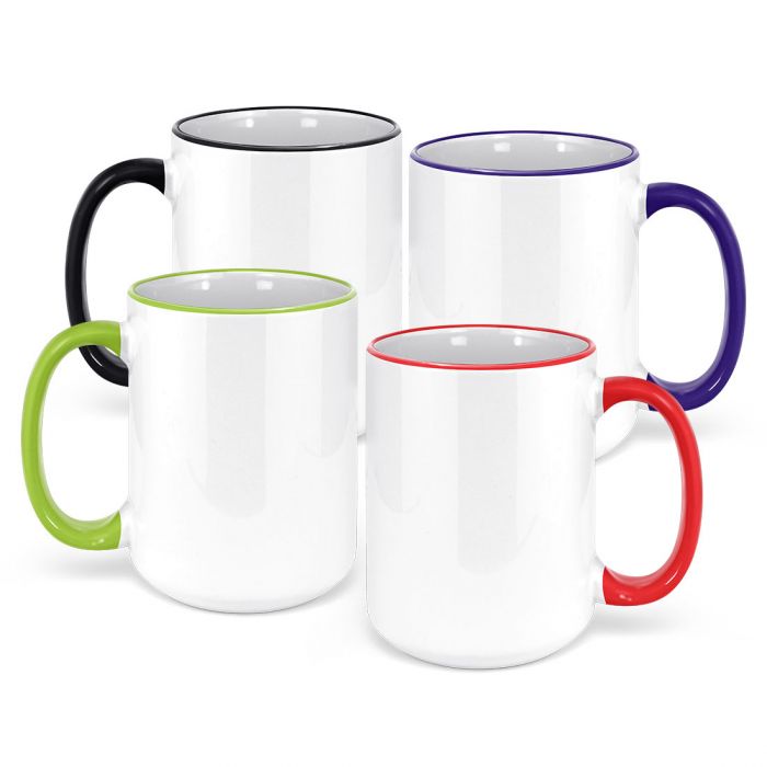 White Ceramic Sublimation Coffee Mug with Colored Rim/Handle - 15oz.
