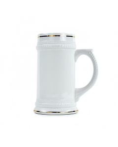 White Ceramic Sublimation Beer Stein with Gold Trim - 22oz.